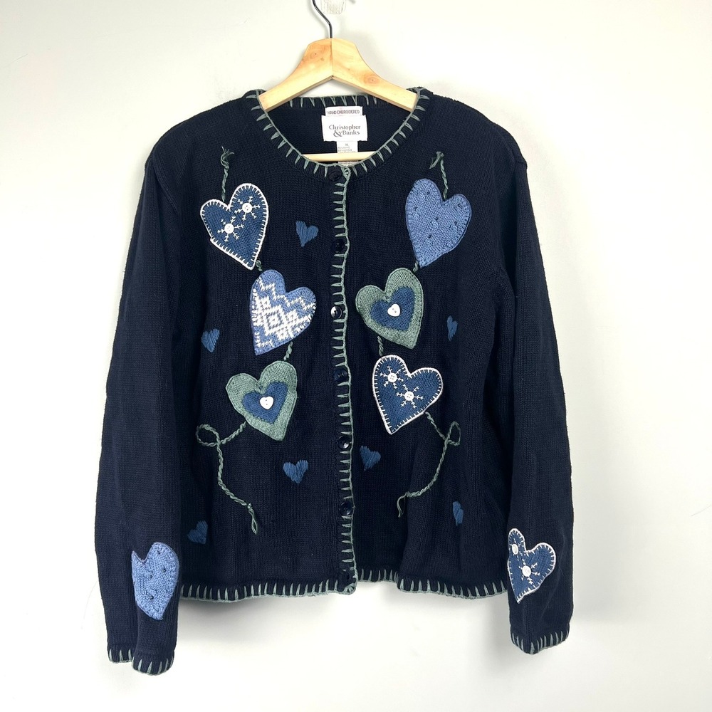 Vtg Christopher & Banks Hand Embroidered Patchwork Heart Cardigan XL Cottagecore